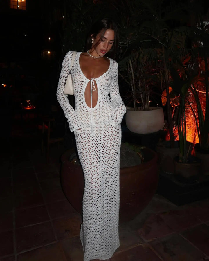Crochet Maxi Dress with Tie Detail on Chest - Halo
