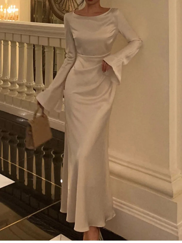 Elegant maxi satin evening dress with bell sleeves - Sahar
