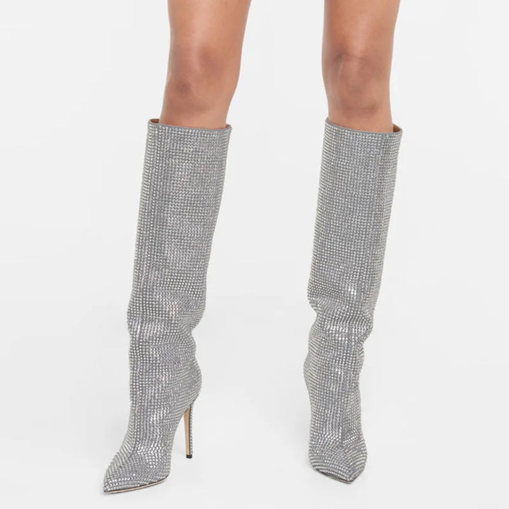 High Pointed Heel Boots with Sparkling Rhinestone Design - Josie