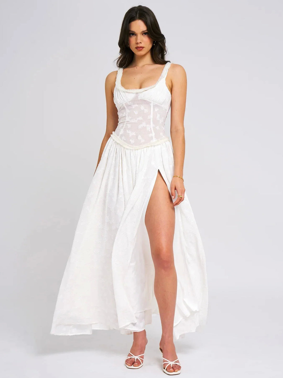 Chiffon Maxi Dress with Floral Embroidery, A-Line Cut, and Slit Design - Alejandra