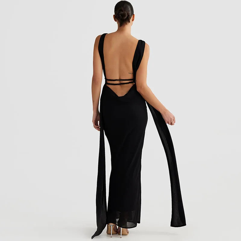 Maxi evening dress with open back and deep neckline - Adelina