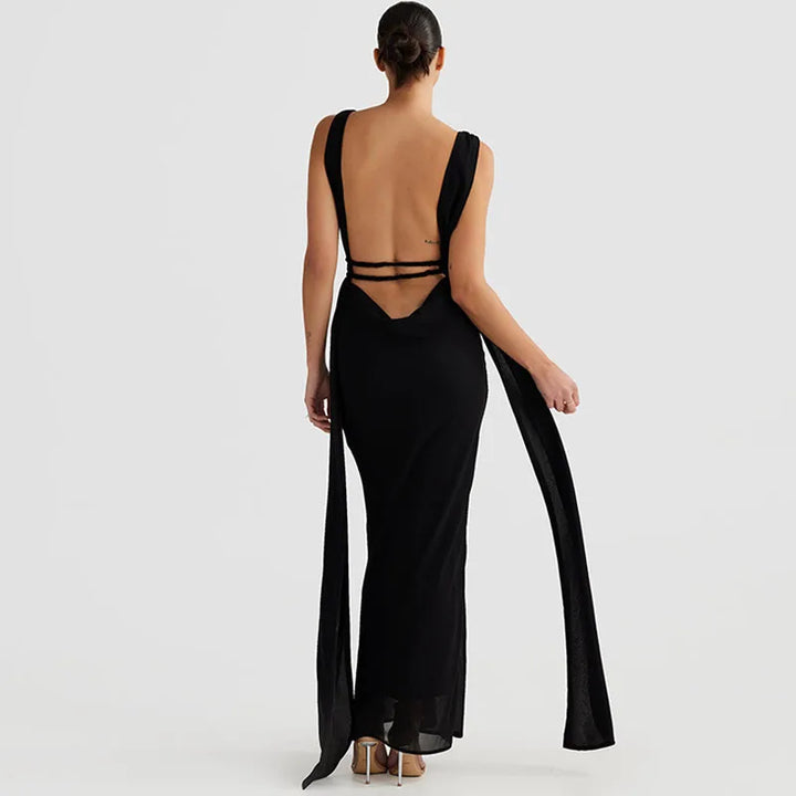 Maxi evening dress with open back and deep neckline - Adelina