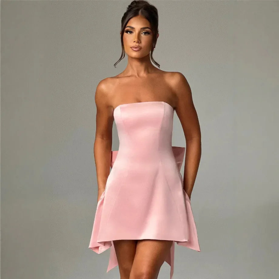 Strapless Satin Mini Dress with A-Line and Asymmetric Bow Detail - Roselyn