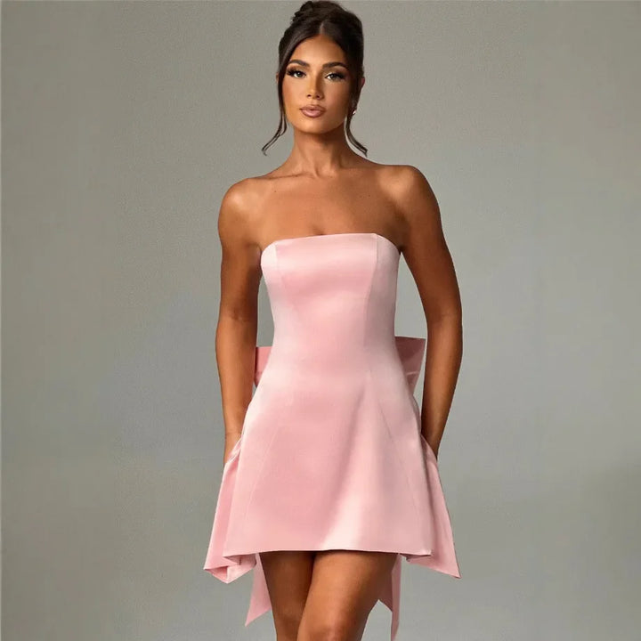 Strapless Satin Mini Dress with A-Line and Asymmetric Bow Detail - Roselyn