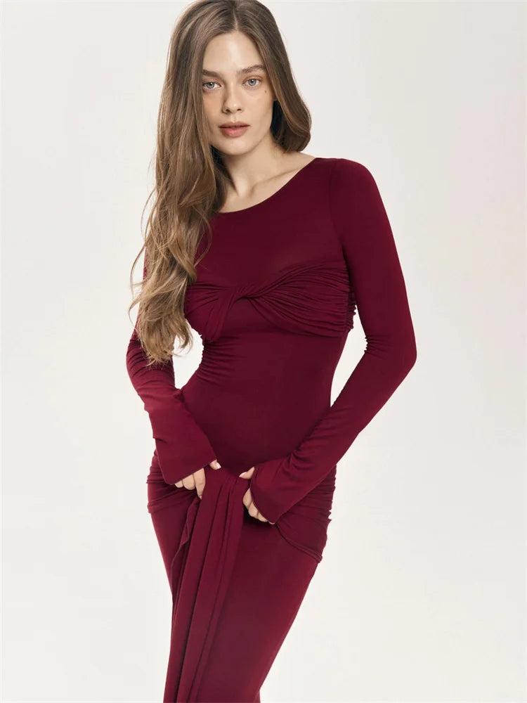 Modest Maxi Dress with Ruching and Tie Detail - Nahev