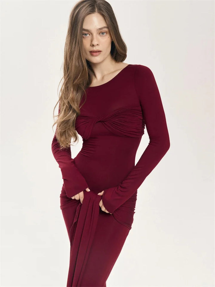 Modest Maxi Dress with Ruching and Tie Detail - Nahev