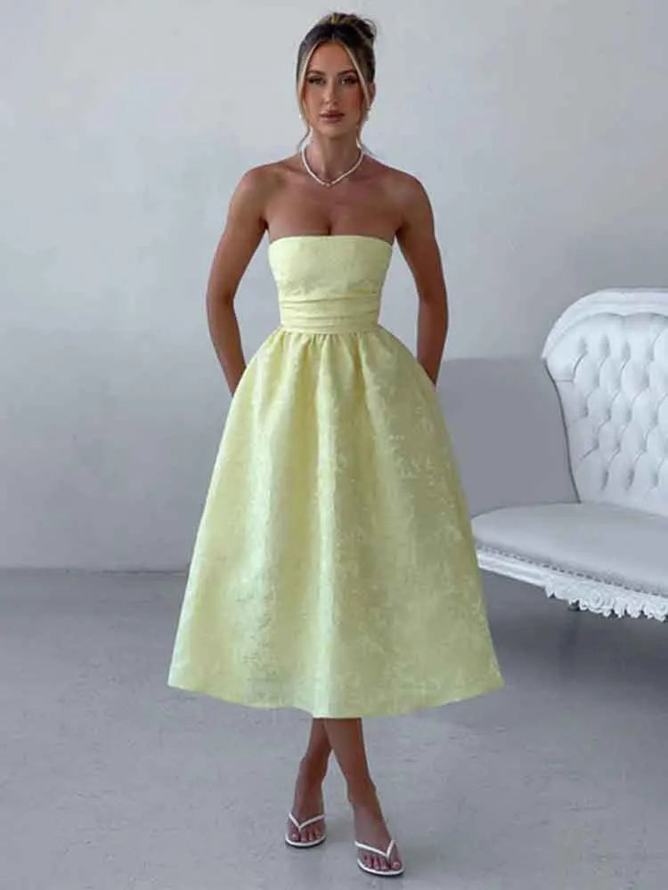 Midi A-Line Dress with Neck Tie, Open Back, Floral Embroidery Detail - Flora