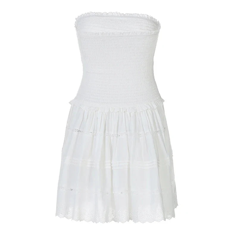 A-Line Strapless Mini Dress with Ruching and Lace Detail - Lavin