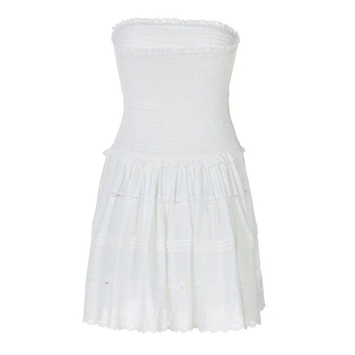 A-Line Strapless Mini Dress with Ruching and Lace Detail - Lavin