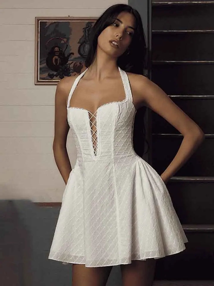 A-line Mini Dress with Pleats and Cross Back Detail - Iliana