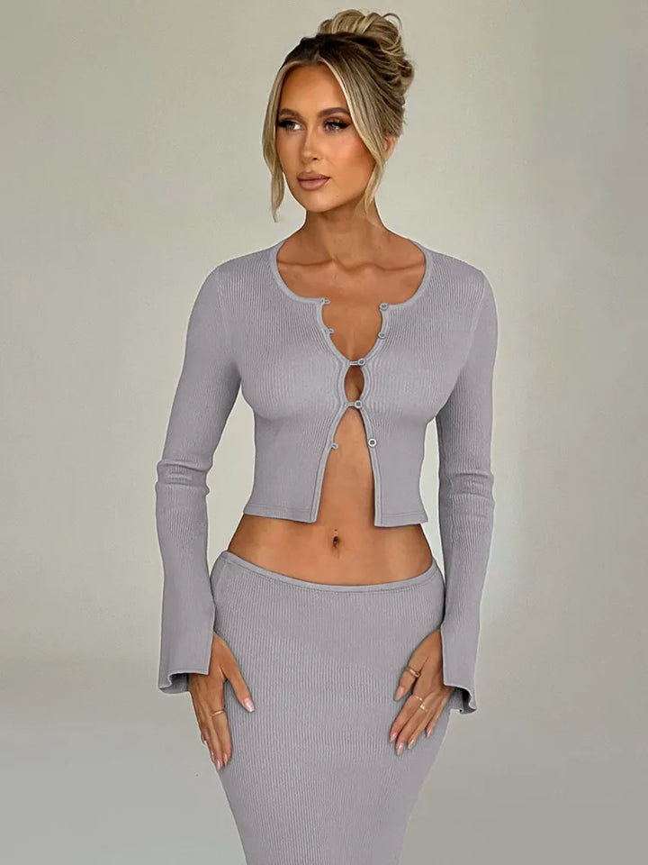 Knitted two-piece set: button-up shirt and fitted maxi skirt - MARIEL