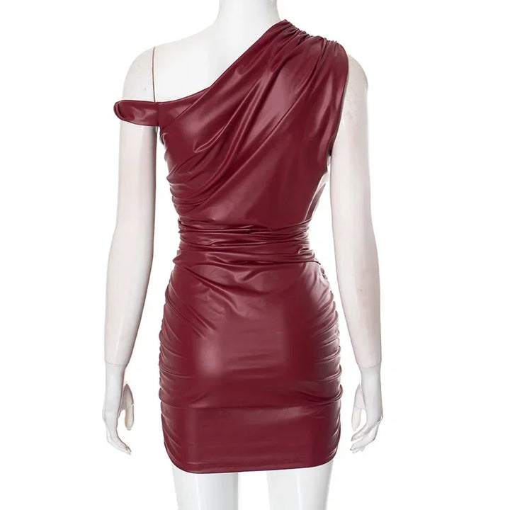 Mini faux leather dress with pleats and off-shoulder design - Meri