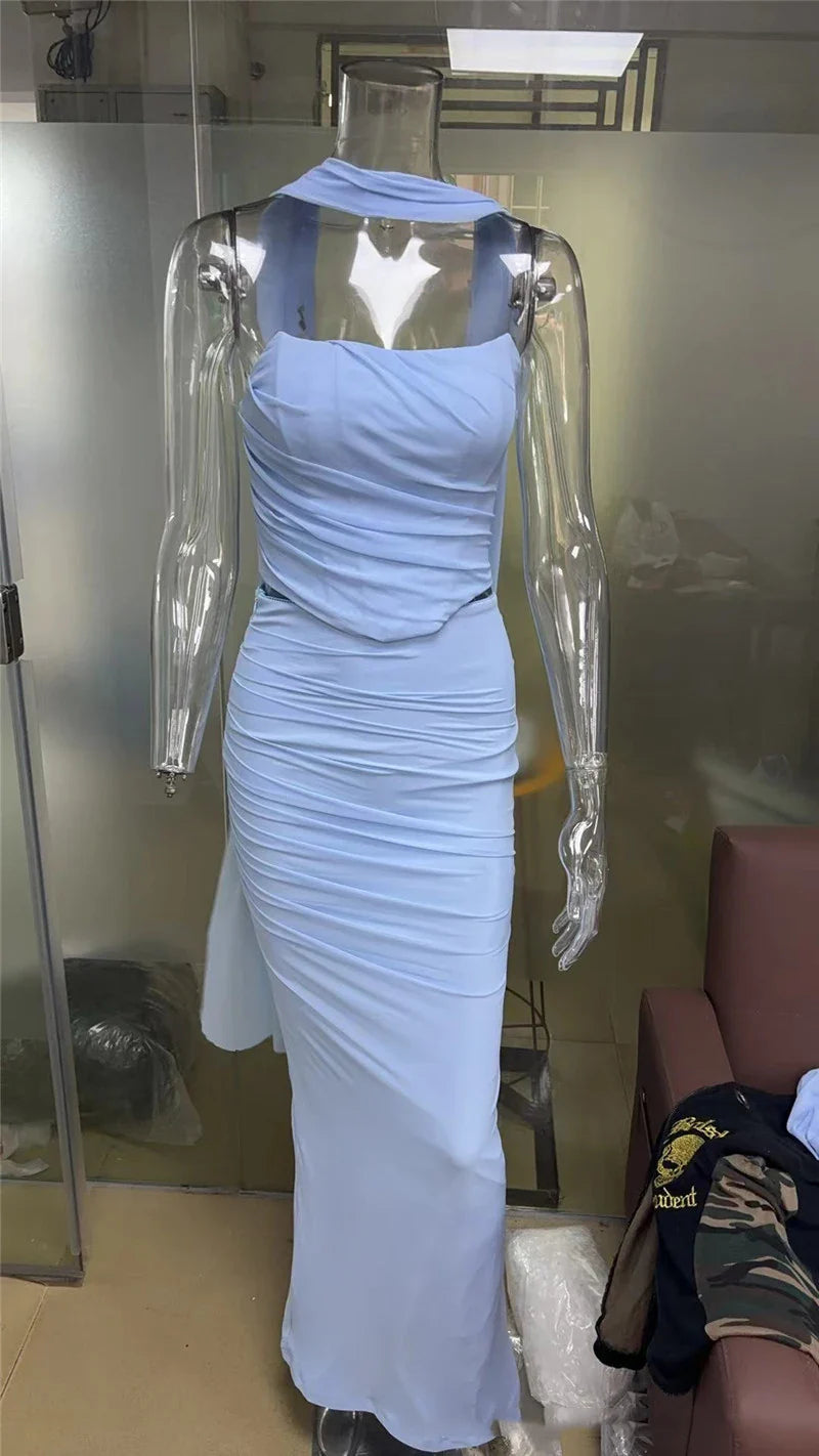 Two-Piece Set with Strapless Top and Maxi Skirt with Matching Scarf Detail - Francia