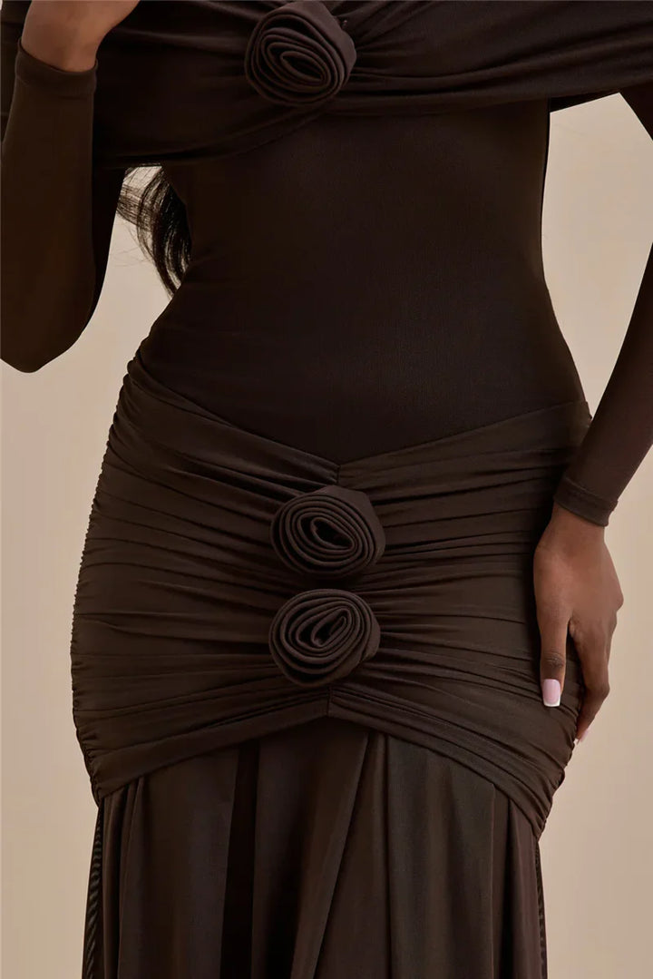Off-shoulder maxi dress with ruching and floral appliqué decoration - Angelica