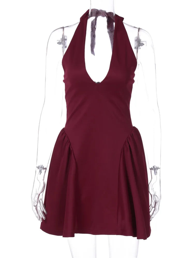 Mini A-line dress with V-neck and neck tie - Yolanda