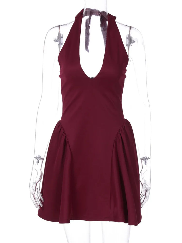 Mini A-line dress with V-neck and neck tie - Yolanda