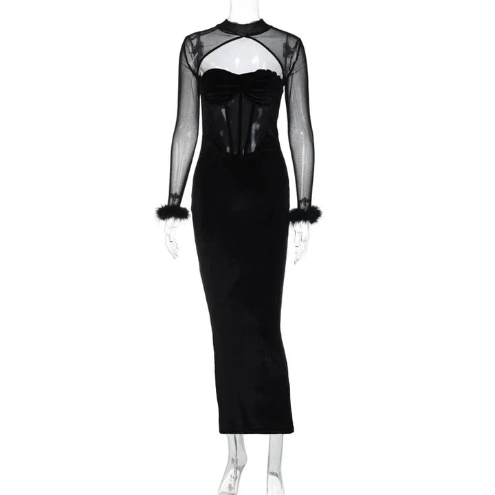 Strapless Velvet Maxi Dress with Corset Design and Mesh Feather Sleeve Detail - Elaina