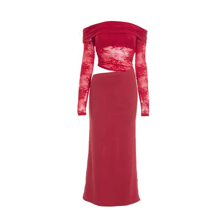 Maxi off-shoulder dress with lace and neckline design - LOLA