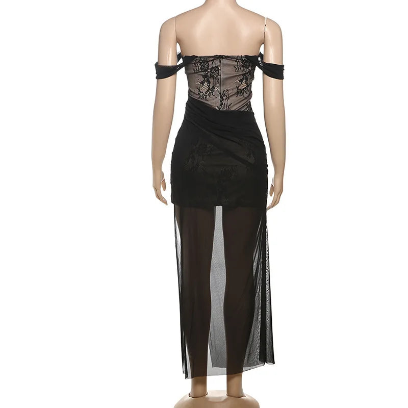Maxi Lace Dress with Chiffon Detail and Off-Shoulder - Elouise