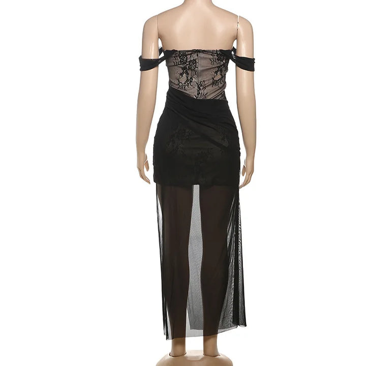 Maxi Lace Dress with Chiffon Detail and Off-Shoulder - Elouise