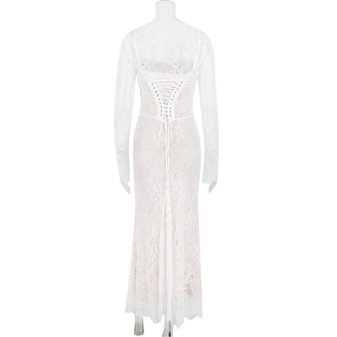 Elegant Maxi Lace Dress with Lace Sleeve Overlay - Ilia