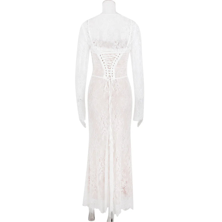 Elegant Maxi Lace Dress with Lace Sleeve Overlay - Ilia