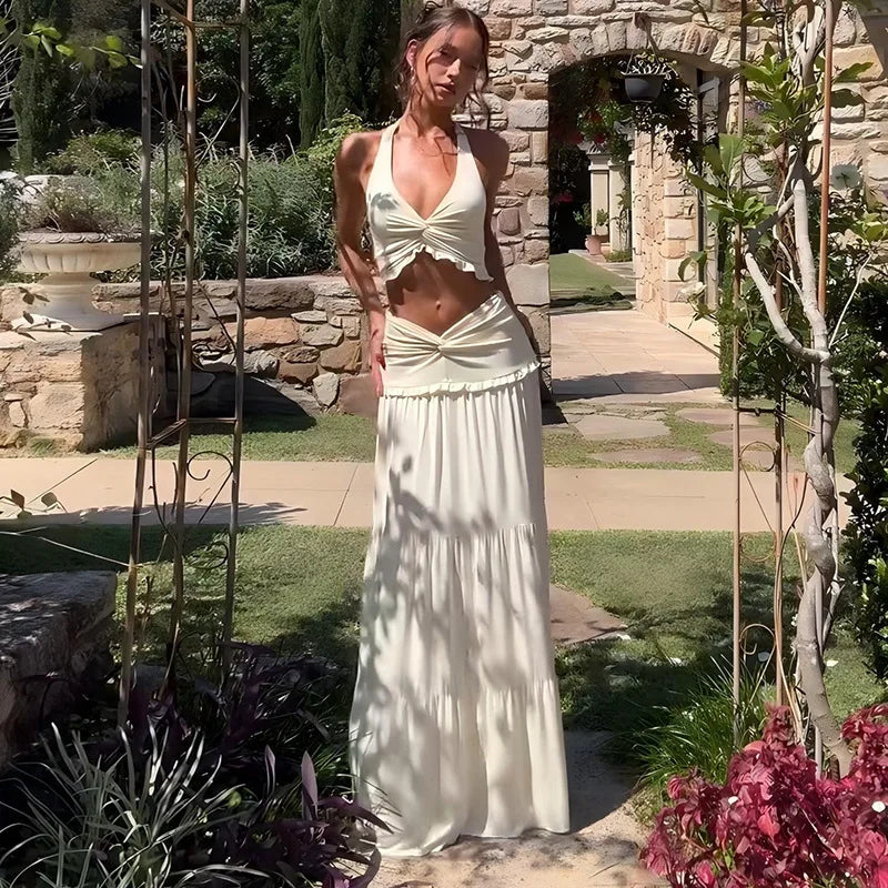Two-piece set maxi skirt and neck tie top - Lorenza