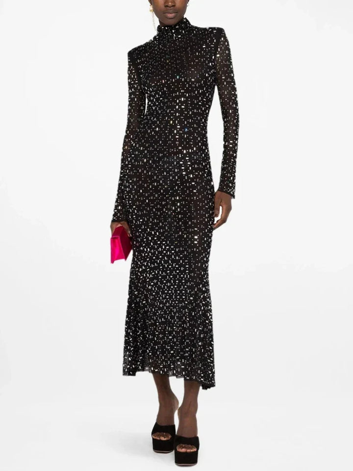 Luxurious Evening Maxi Dress with Sparkling Diamond Embellishment and Turtleneck Collar - Emerson