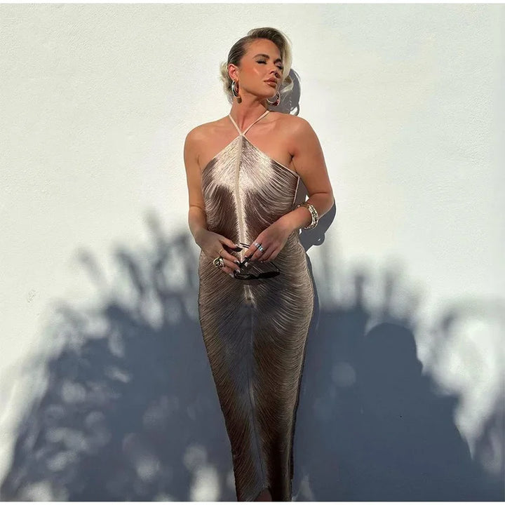 Maxi Dress with Shiny Threads and Open Back - Ashley