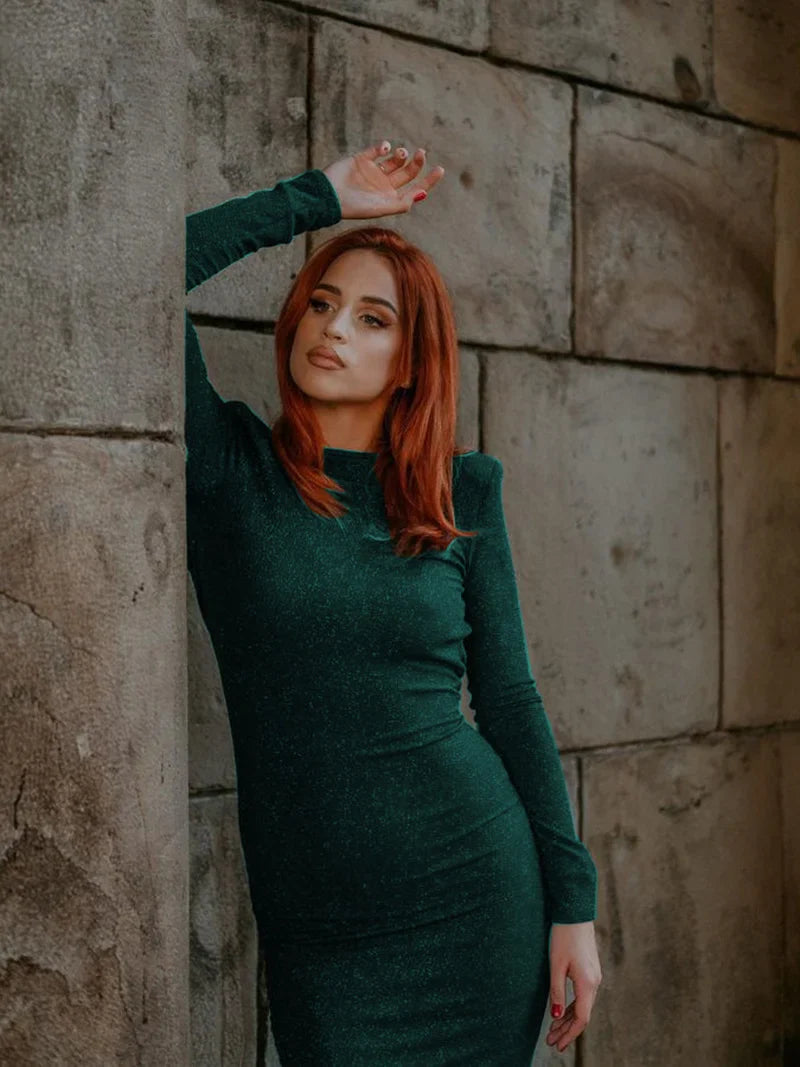 Fitted Midi Sequin Dress with Open Back - Rosemary