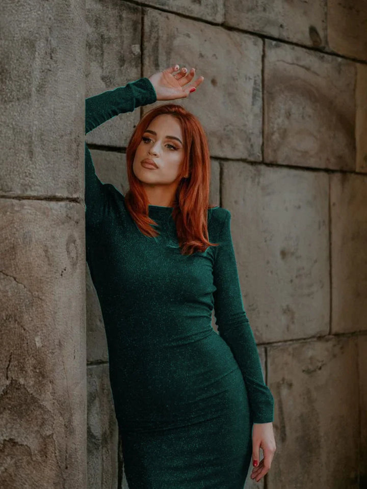 Fitted Midi Sequin Dress with Open Back - Rosemary