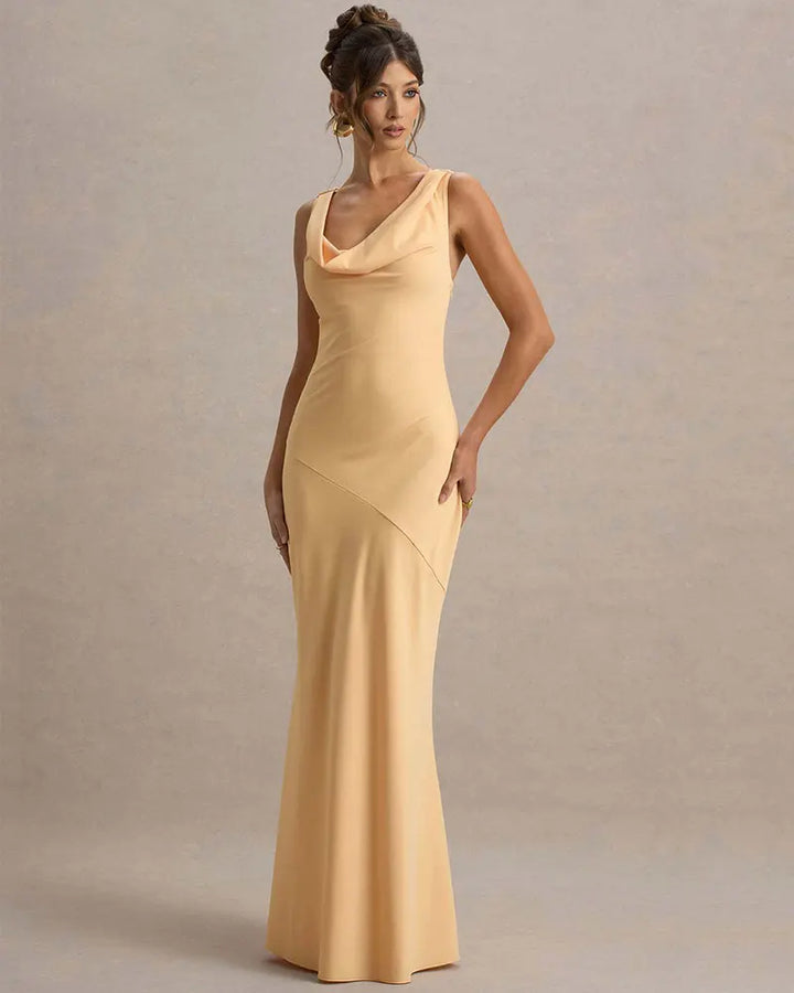 Maxi satin dress with draped collar and open back - Alexis