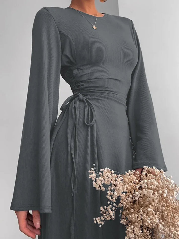 Modest knitted A-line maxi dress with waist ties - Liri