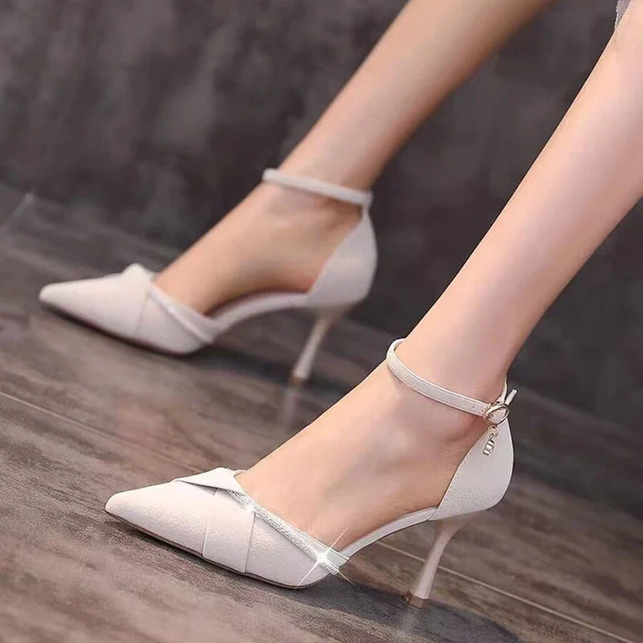 Faux Leather Pointed Heels with Rhinestone Decoration - Mila