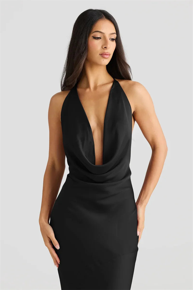 Satin Maxi Dress with Open Back and Draped Collar - Paula