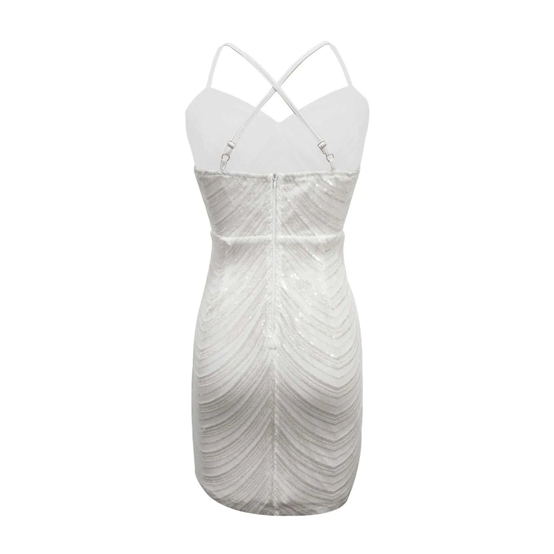 White Mini Dress with Shiny Silver Sequin Decoration - Jill