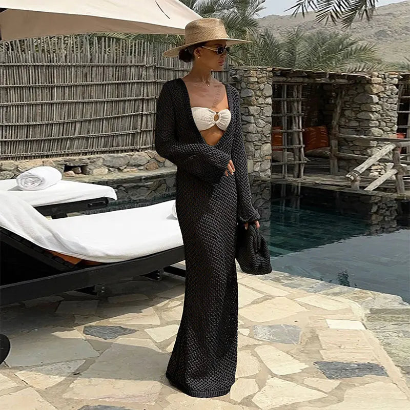 Mesh Maxi Beach Dress with Open Chest/Back - Amber