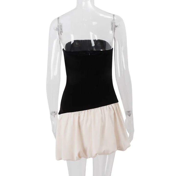 Mini strapless dress with asymmetrical balloon design, velvet top and satin bottom - Dua