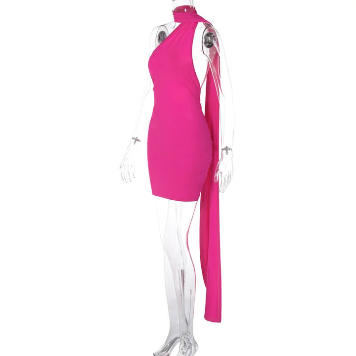Mini dress with ruching, open back, and hoop decoration - CAROLINA