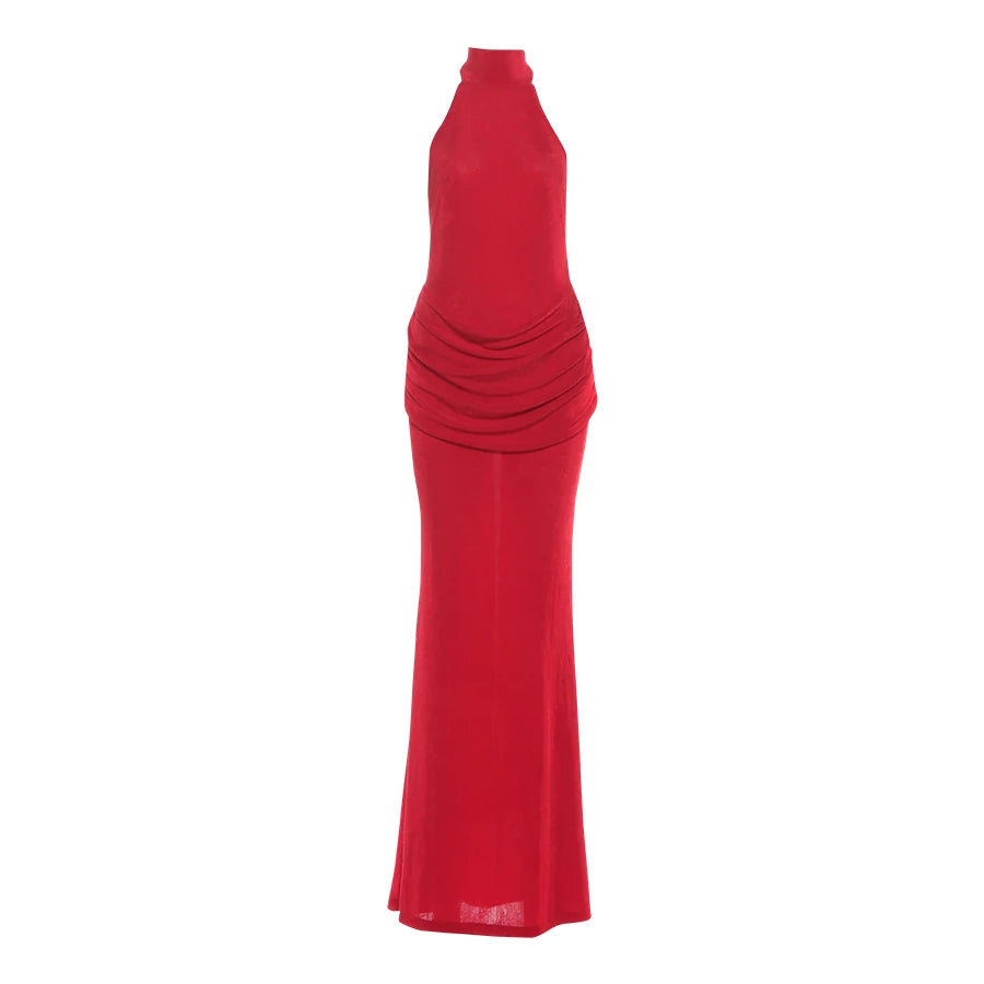 Velvet Collar Maxi Dress with Open Back and Pleats - Ciara