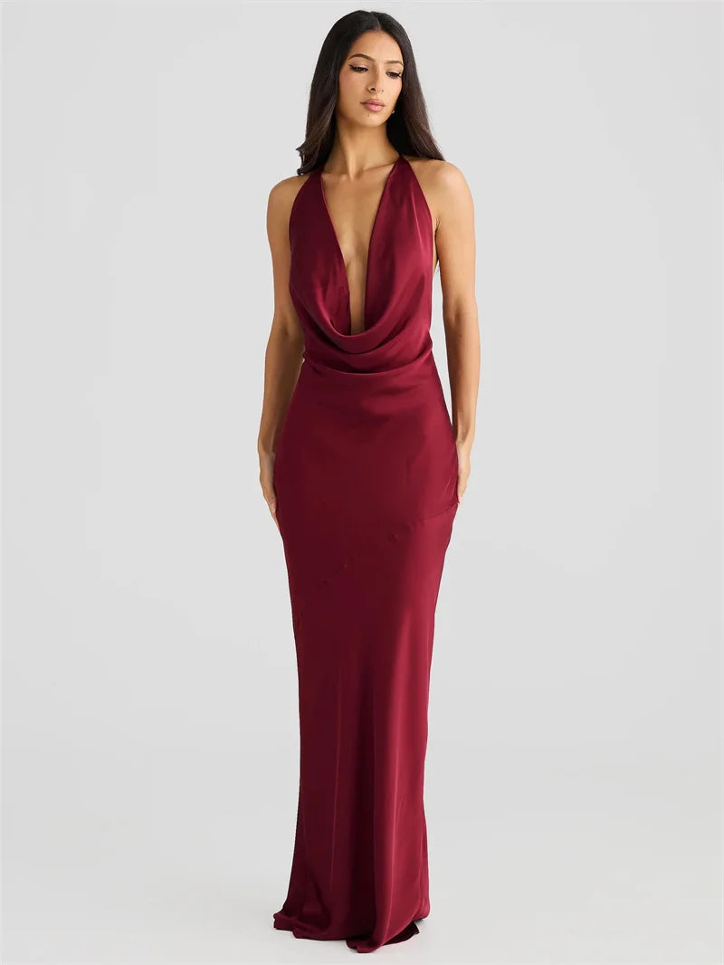 Satin Maxi Dress with Open Back and Draped Collar - Paula