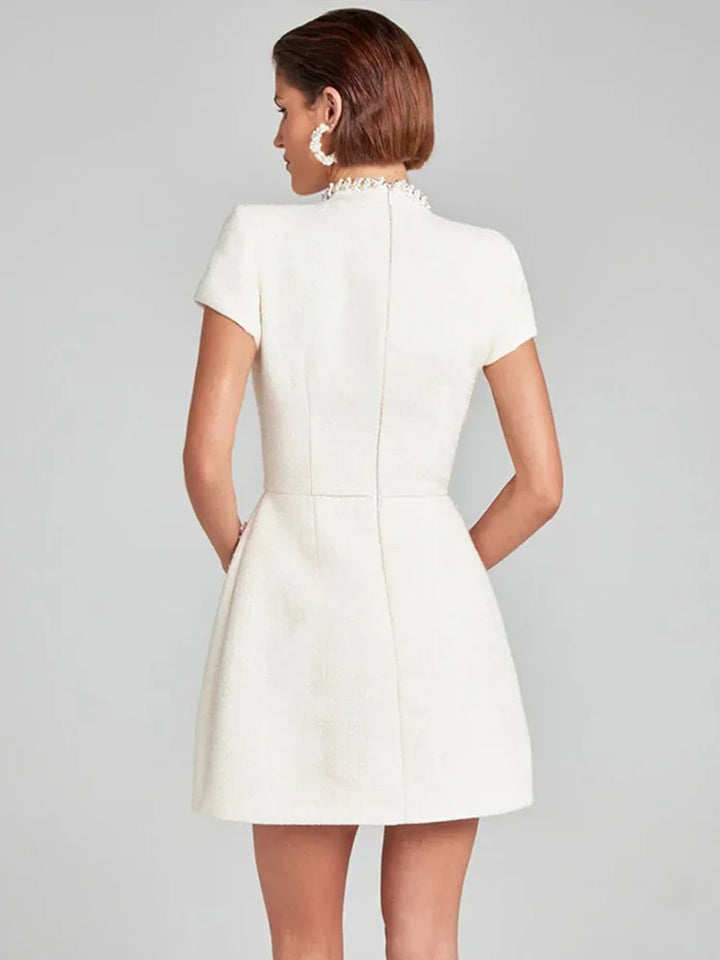 Elegant Mini Dress with Short/Long Sleeves, Tailored Style, Woven Fabric with Sequin and Pearl Embellishment - Lucia