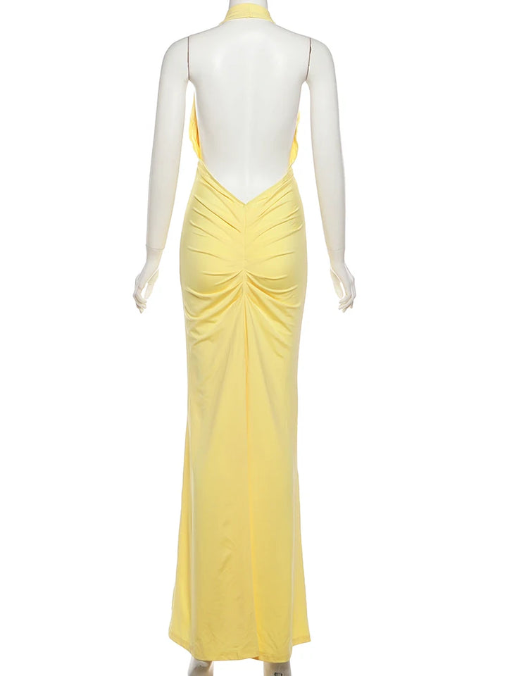 Satin Maxi Dress with V-Neck, Pleats, and Open Back - Shannon