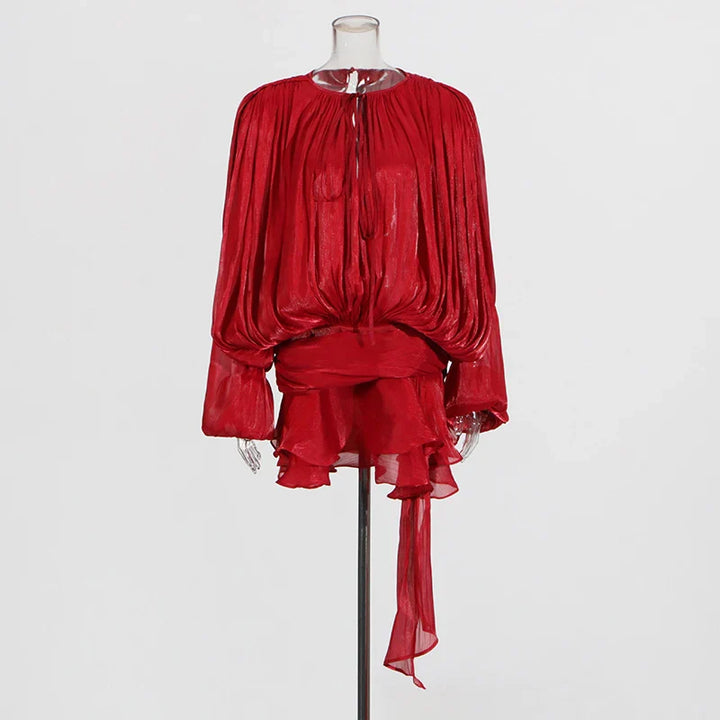 Ruched Mini Dress with Ruffle Detail, Shiny Chiffon Fabric - Lucille