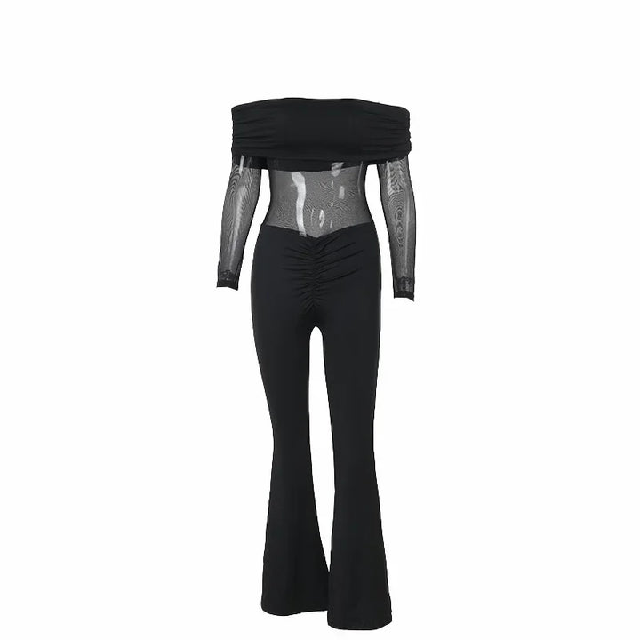 Shaping fabric jumpsuit with mesh design and off-shoulder pedal pants - Maya Lee