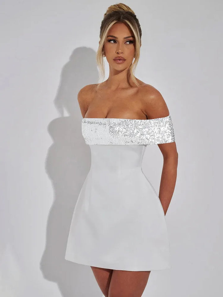 A-Line Mini Dress with Off-Shoulder Sequin Decoration - Lorian