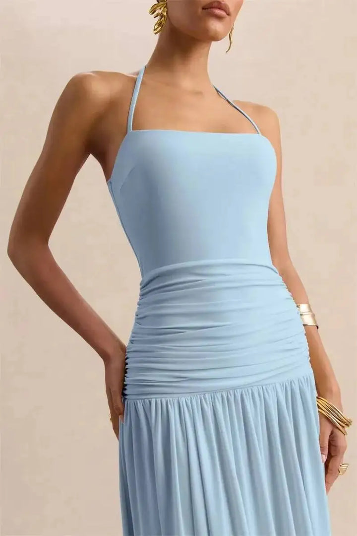 Pleated maxi dress with a neck tie and open back - Tuval