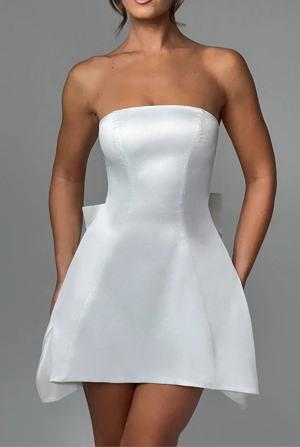 Strapless Satin Mini Dress with A-Line and Asymmetric Bow Detail - Roselyn