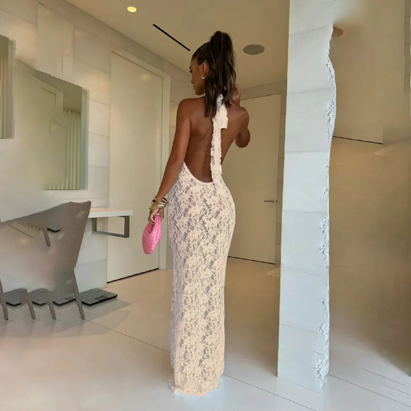 Lace Maxi Dress with Open Back and Draped Collar - Vanilia