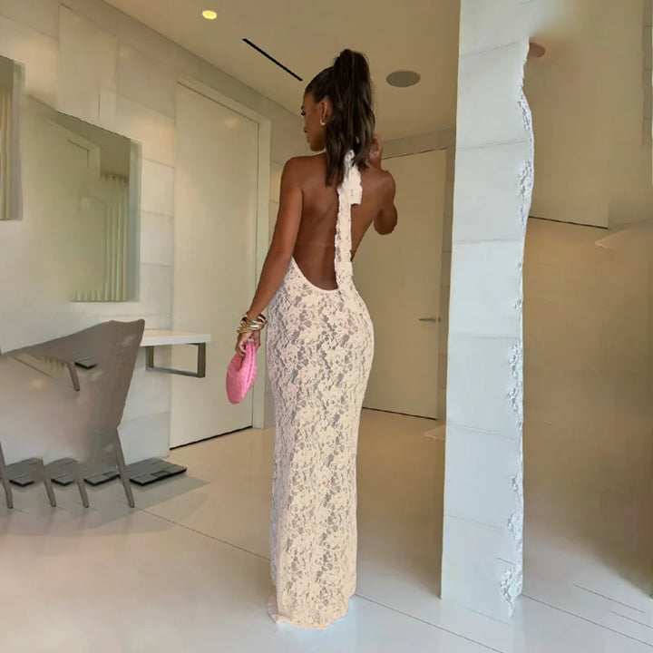 Lace Maxi Dress with Open Back and Draped Collar - Vanilia
